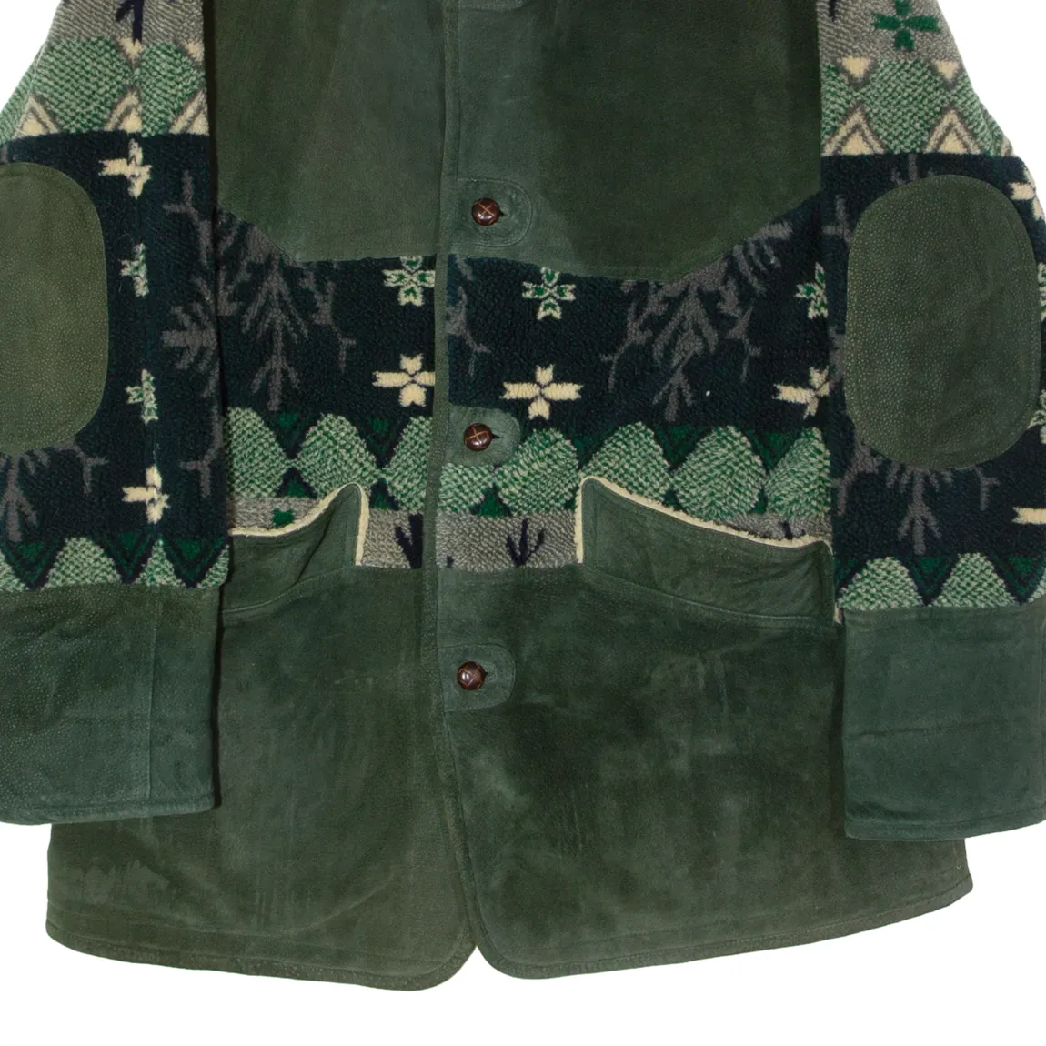HAPPY LIFE Fleece Lined Mens Overcoat Coat Green Leather 90s Fair Isle L