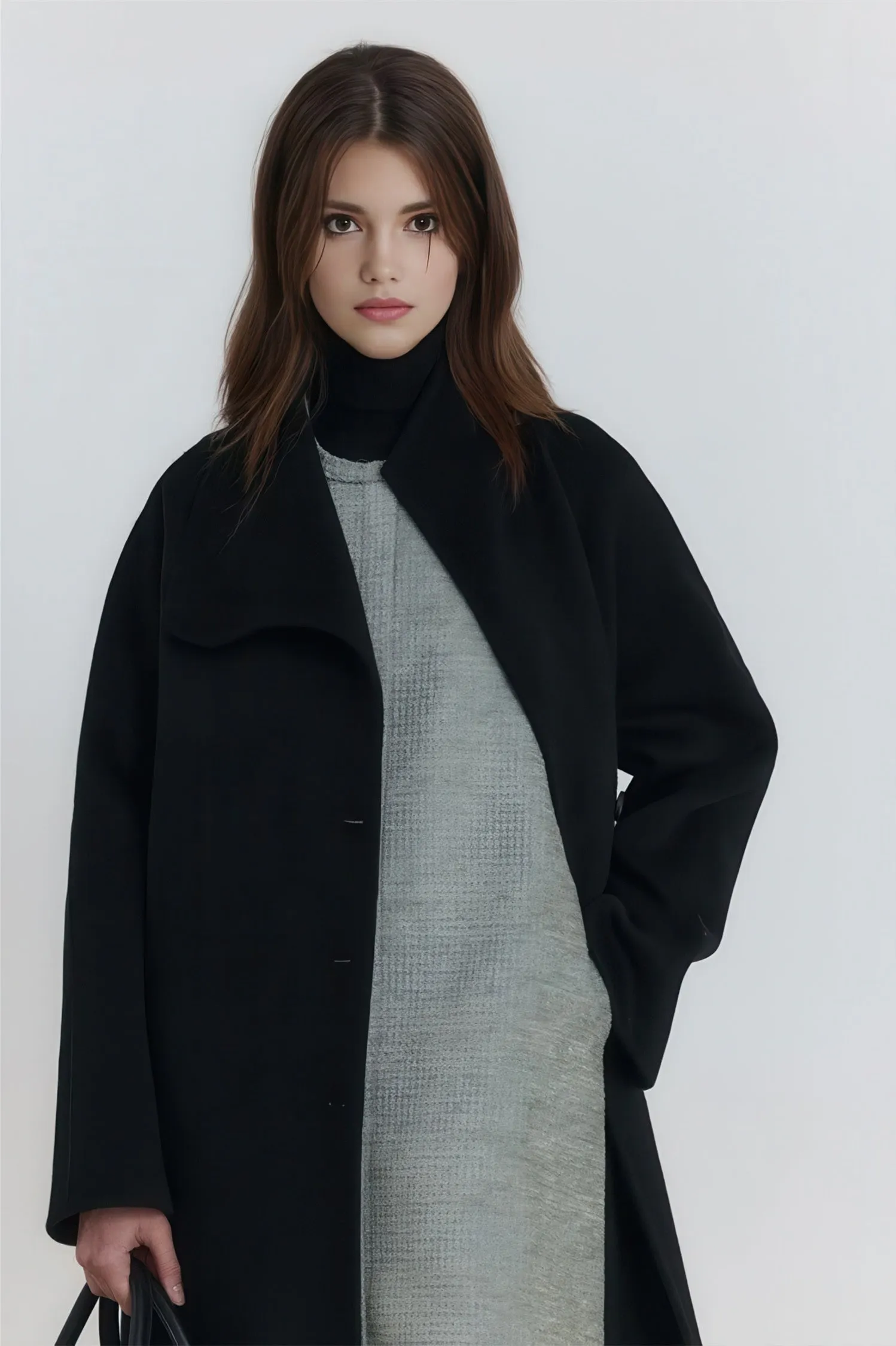 Long Wool Coat - High-Neck Luxe Winter Overcoat 100% Wool