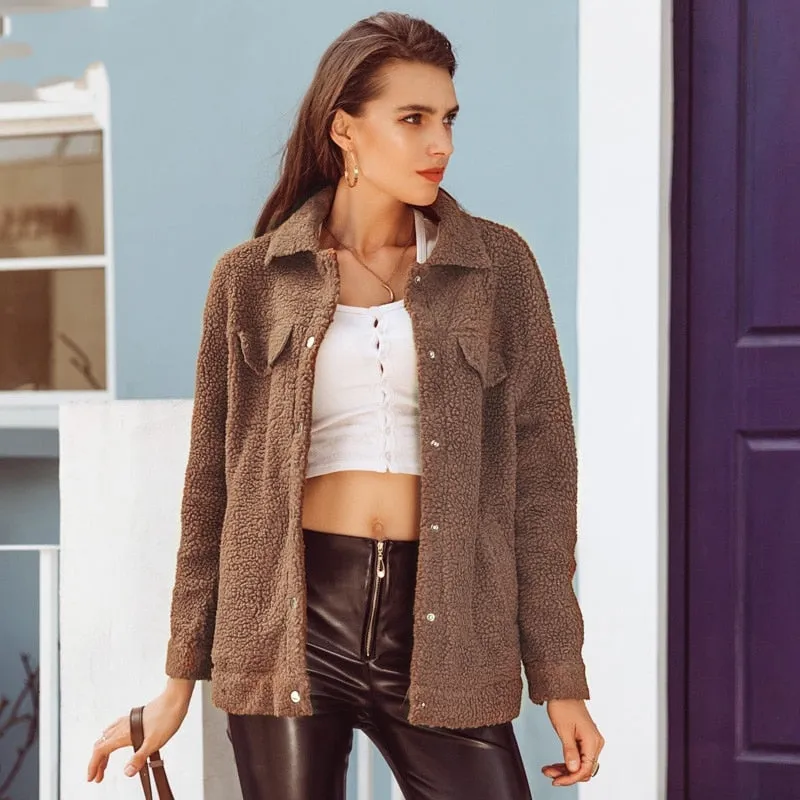 Women's Winter Long Sleeved Lambs Wool Button Jacket